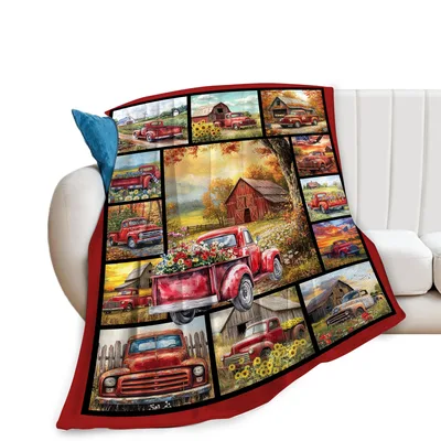Red Farm Truck Blanket with Barn and Flower Scenes
