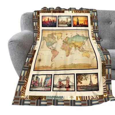 World Map Blanket: Vintage Travel Art with Global Landmarks