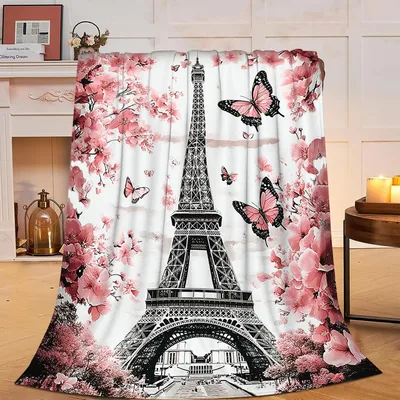 Eiffel Tower Blanket: Pink Cherry Blossom and Butterfly Design