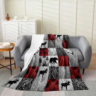 Rustic Cabin Moose Bear Blanket: Patchwork Wildlife Design