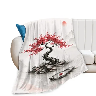 Japanese Maple Tree Blanket: Red Leaves in Ink Wash