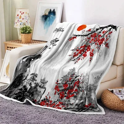 Japanese Cherry Blossom Blanket: Ink Wash Art for Your Couch