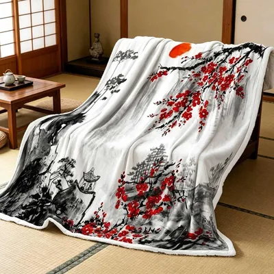 Red Plum Blossom Blanket: Ink Painting Style for Your Couch