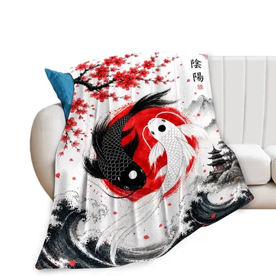 Yin Yang Blanket: Koi Fish and Cherry Blossom Art Design