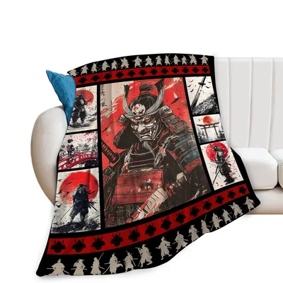 Red Moon Samurai Blanket for Art Fans and Gift Givers