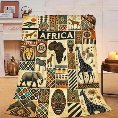 African Safari Blanket: Savanna Animals and Tribal Patterns