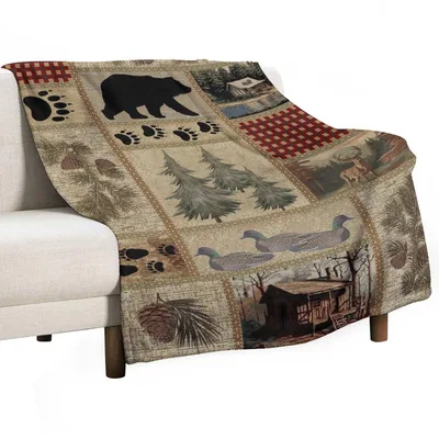 Rustic Lodge Blanket: Patchwork Cabin, Bear, and Deer Design