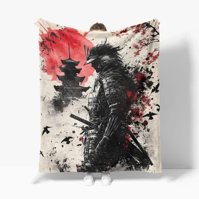 Japanese Samurai Blanket with Red Sun and Pagoda Art