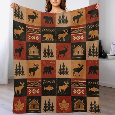 Cabin Bear Moose Blanket with Rustic Wildlife Patchwork
