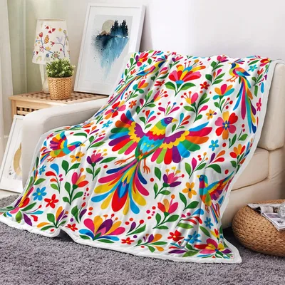 Folk Art Blanket: Vibrant Otomi Mexican Floral Bird Design