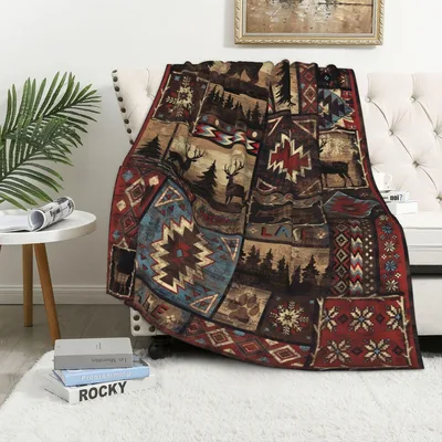 Rustic Cabin Lodge Deer Blanket: Patchwork Wild Forest Design