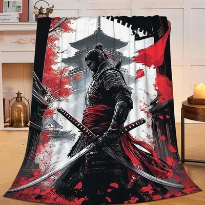 Red Blossom Samurai Blanket: Warrior Art Throw