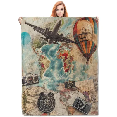 World Traveler Blanket: Maps, Planes and Balloons