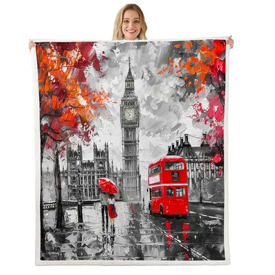 London Street Blanket with Red Bus and Big Ben Painting