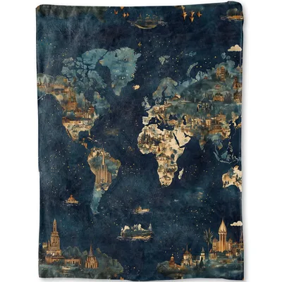 Vintage Map Blanket with a Gold-Lit World Design