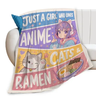 Anime Cats & Ramen Girl Pastel Blanket: Anime Girl Cat Ramen Design