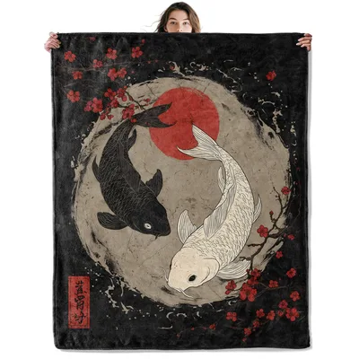 Koi Fish Japanese Art Blanket: Yin Yang Ink Style Design