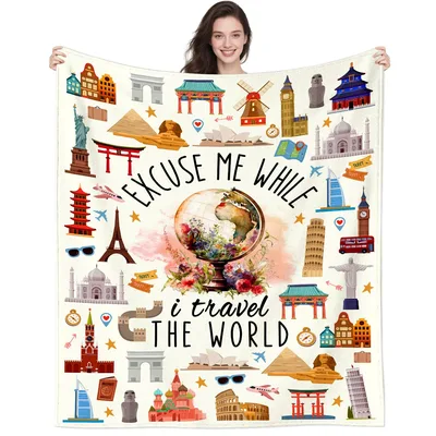 Excuse Me While Blanket: Travel Landmarks World Globe Design