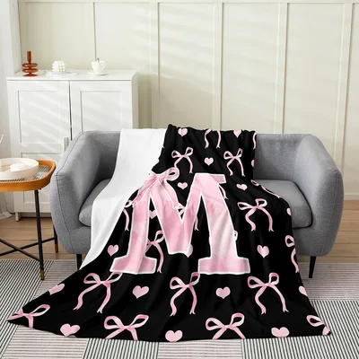 Initial Letter Monogram Blanket: Pink M with Bows and Hearts on Black
