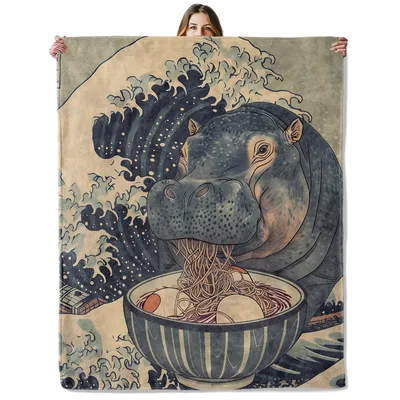 Hippo Ramen Wave Art Blanket: A Hippos Slurp from Great Wave