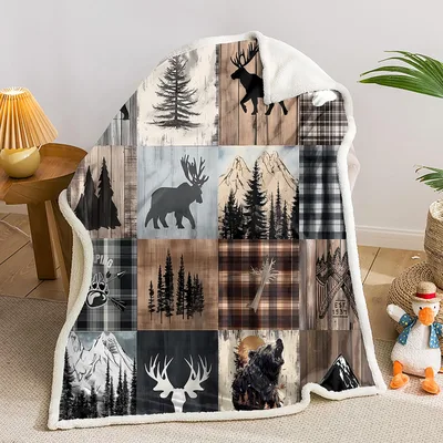 Rustic Wildlife Patchwork Blanket: Bear and Deer Silhouette Design