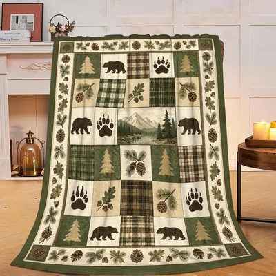 Rustic Cabin Bear Pattern Blanket: Lodge Style Throw for Forest Lovers