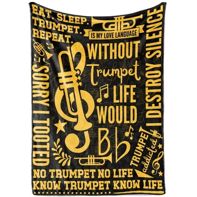 Band Geek Blanket with Trumpet Lettering and Gold Notes