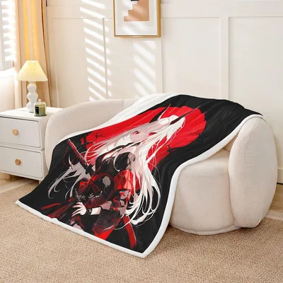 Red Moon Blanket: Samurai Anime Girl Throw for Fans
