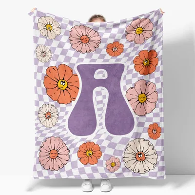 Retro Flower Initial Blanket: A Purple Letter Among Smiling Blooms