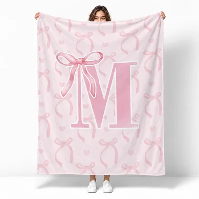 Coquette Pink Bow Letter Blanket: Initial M Design