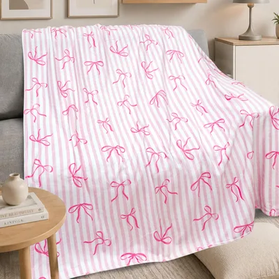 Pink Bow Stripe Pattern Blanket: Cozy Ribbons on Striped Background