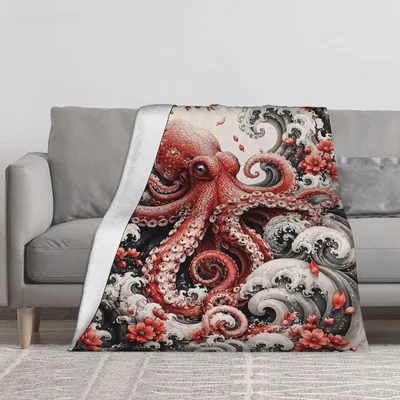 Japanese Octopus Wave Design Blanket: Artistic Sea Creature Print