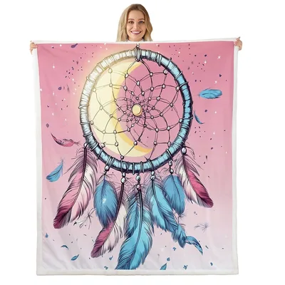 Pink Dreamcatcher Feathers Moon Blanket for Spiritual Sleep