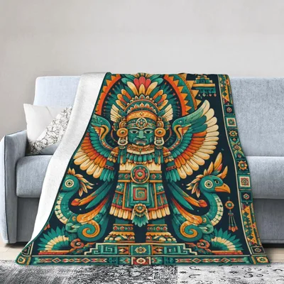 Aztec God Tribal Art Blanket: Ancient Deity Design for Home