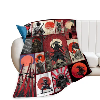 Samurai Warrior Art Collage Blanket: Dark Japanese Warrior Design