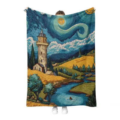 Starry Night Landscape Art Blanket: Swirling Sky and Tower