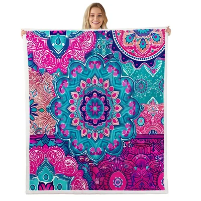 Colorful Mandala Flower Pattern Blanket: Vibrant Teal and Pink Design