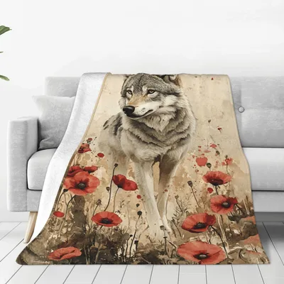 Wolf Among Red Poppies Blanket: Artistic Wolf and Flower Throw