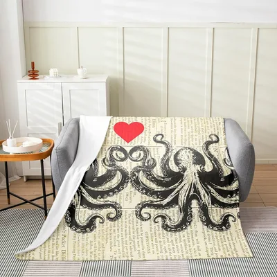Octopus and Red Heart Blanket: Vintage Octopus Print with Heart