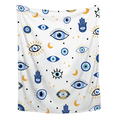 Evil Eye Pattern Design Blanket: Mystical Blue Eyes and Hamsa Hands