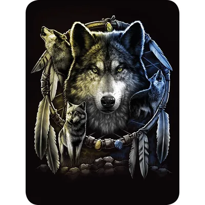 Wolf in Dreamcatcher with Feathers Blanket: Spiritual Wolf Art