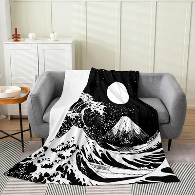 Great Wave and Moon Blanket: Black and White Japanese Art Print