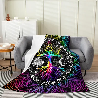 Rainbow Tree of Life Blanket: Cosmic Sun and Moon Design