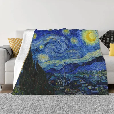 Starry Night Painting Design Blanket: Swirling Sky and Village Art