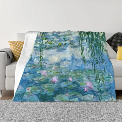 Water Lilies Monet Painting Blanket featuring pink flowers
