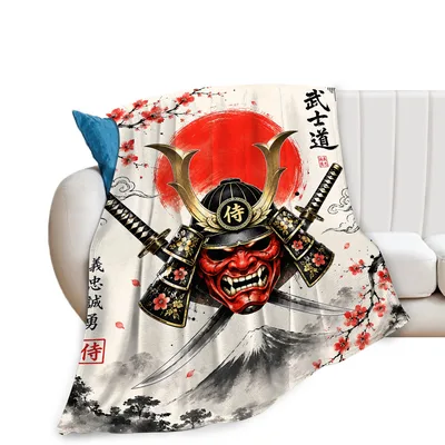 Samurai Mask Red Sun Blanket featuring a fierce red oni mask