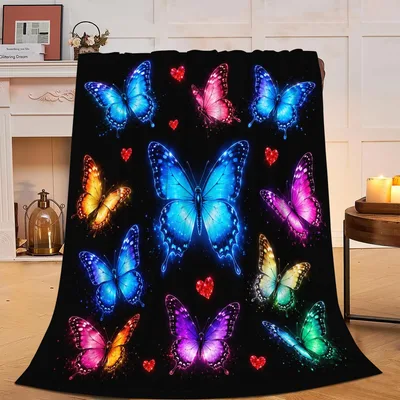 Glowing Butterfly Pattern Blanket: Neon Wings and Hearts on Black