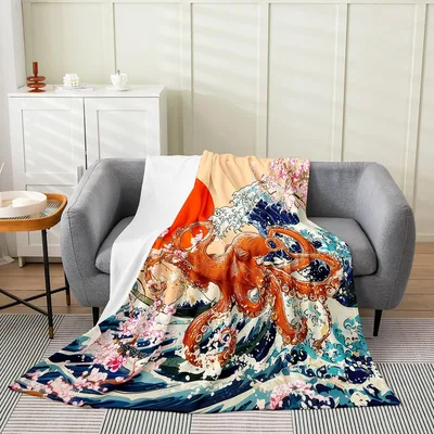 Great Wave with Octopus Blanket: Ukiyoe Art Print Design