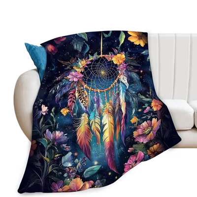 Dream Catcher Feathers Floral Blanket: Cosmic Web and Blooms