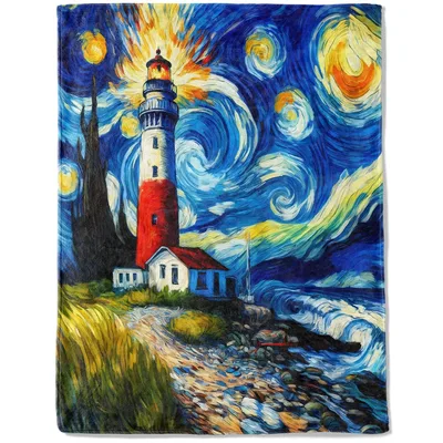 Starry Night Lighthouse Painting Blanket: Swirling Coastal Art Design